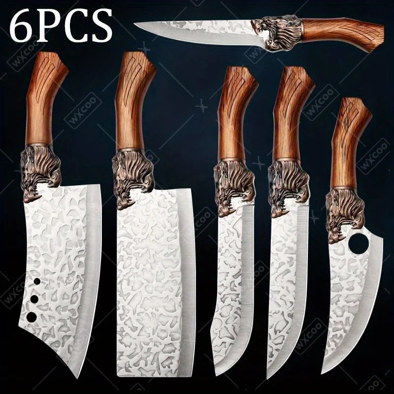 6PCS Professional Kitchen Chef Knife Set Stainless Steel Boning Knife Forged Butcher Knife Utility Knife Vegetable Chopper Meat