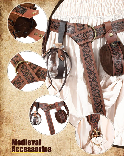 5-Piece Set of Unisex Renaissance Viking Steampunk, Medieval, Renaissance, Artificial Leather Belt, Hiking, Bottle, Wallet