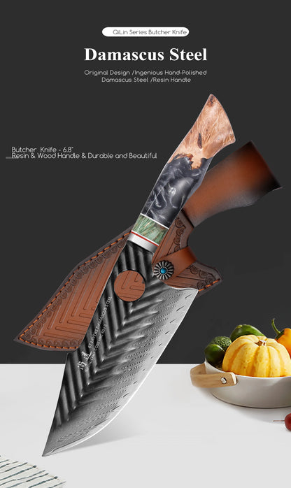 SHANGDAO Damascus Butcher Knife 7 inch, Viking Cleaver Kitchen Knives with Leather Sheath - Hand Forged Resin & Wood Handle