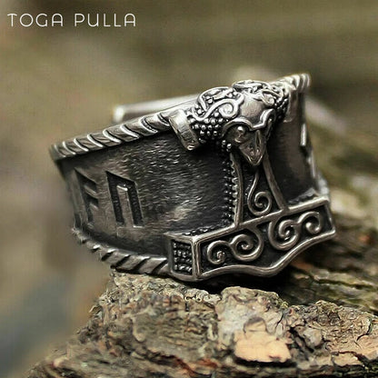 Viking Rune Ring Stainless Steel Mjolnir Thor's Hammer Nordic