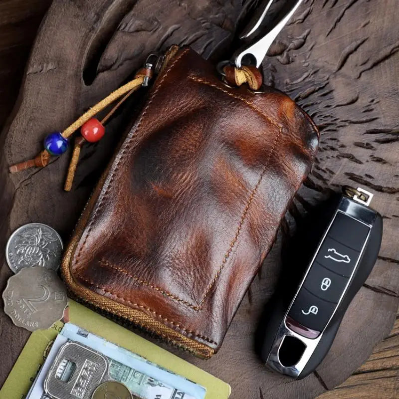 1pc Viking Sporran Portable Bourbon Brown Handcrafted Thick Leather Waist Bag Change Holder Keychain Coin Purse Wallet for Men