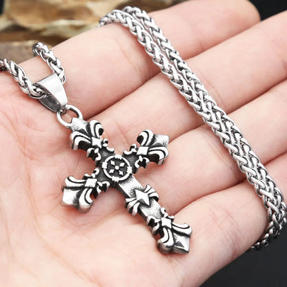 Gothic Vintage Stainless Steel Cross Pendant Necklaces For Men Women Cross Flower Necklace Party Jewelry