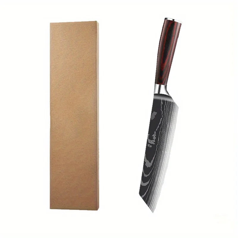 Stainless Steel Kitchen Knife Utility Knife With Painted Wood Handle 1pc Kitchen Meat Cleaver Damascus Pattern Cutting Knife