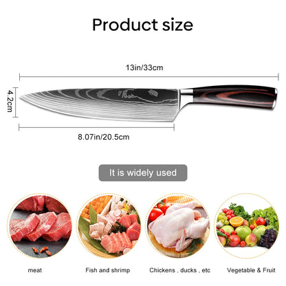 Sharp Kitchen Knife Wooden Handle Stainless Steel Meat Cleaver Kitchen Paring Knives Laser Damascus Pattern Chef  Knife
