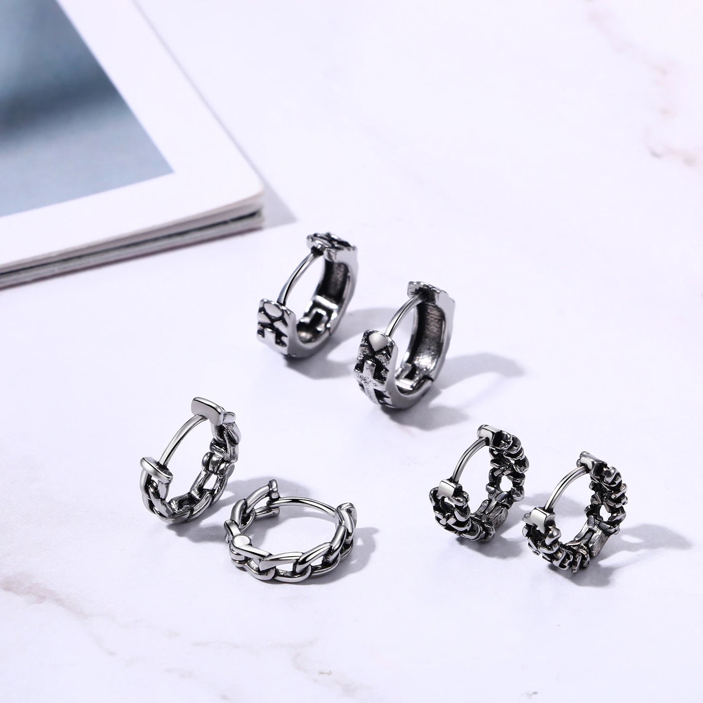 BONISKISS Cross Hollow Chain Stainless Steel Earrings Hoop Huggie Hinged Viking Runes Retro Gothic Ear Stud Men Women Unisex