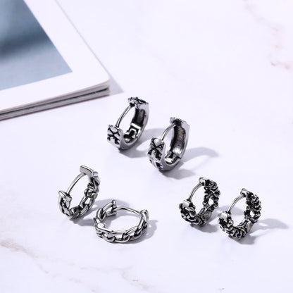 BONISKISS Cross Hollow Chain Stainless Steel Earrings Hoop Huggie Hinged Viking Runes Retro Gothic Ear Stud Men Women Unisex