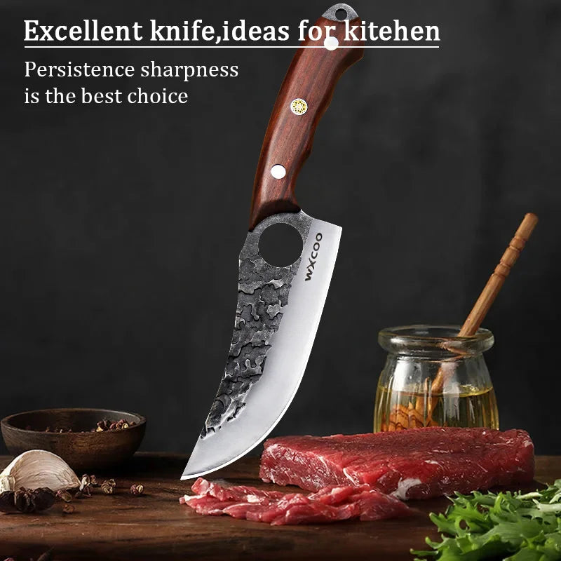 4PCS Stainless Steel Knife Set Professional Meat Cleaver Boning Knife Cutting Knife with Wooden Handle and Covers Multipurpose