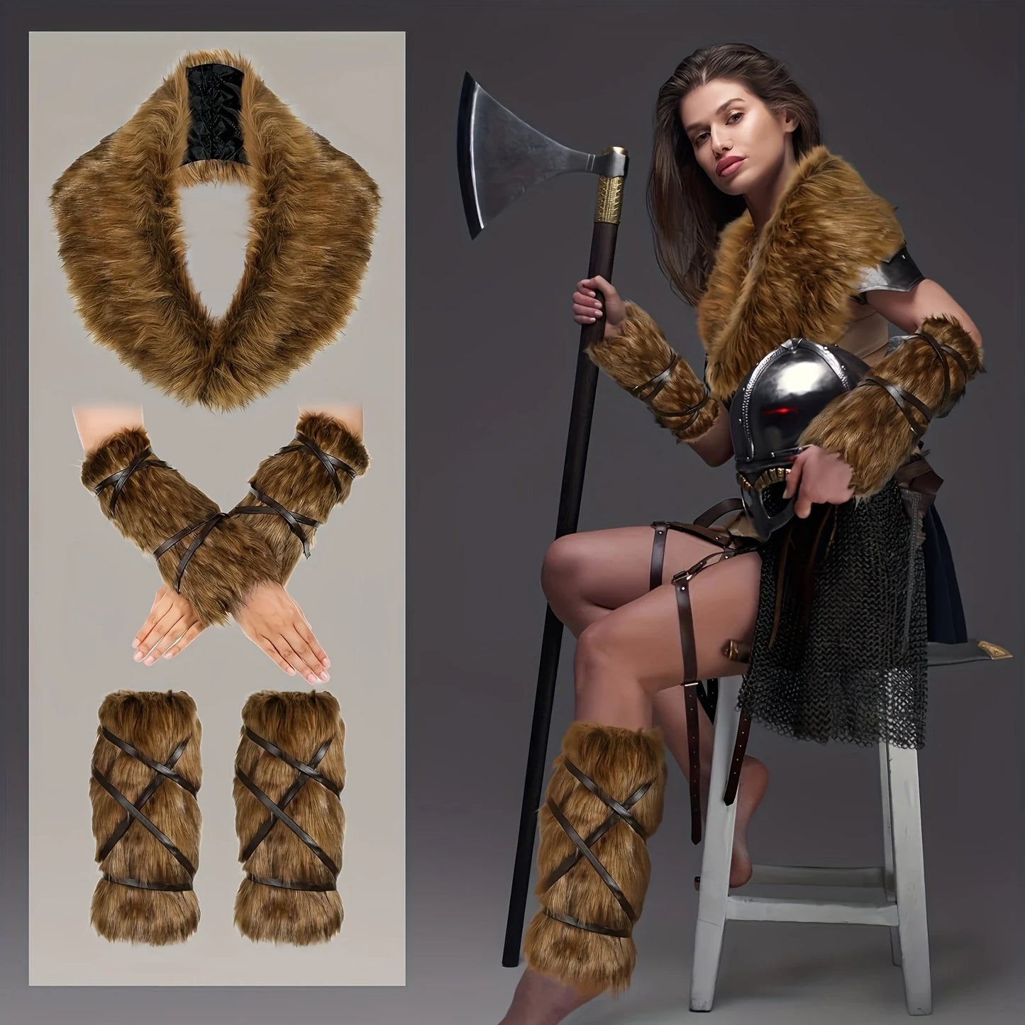 5-Piece Carnival Viking Luxury Imitation Fur Accessories Set - Collar, Legs and Hand Warmer, Halloween Costume, Role-Playing Activities
