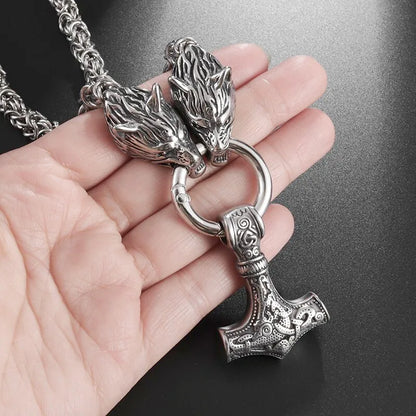 Nordic Necklace Double Wolf Head Thor's Hammer Pendant Stainless Steel