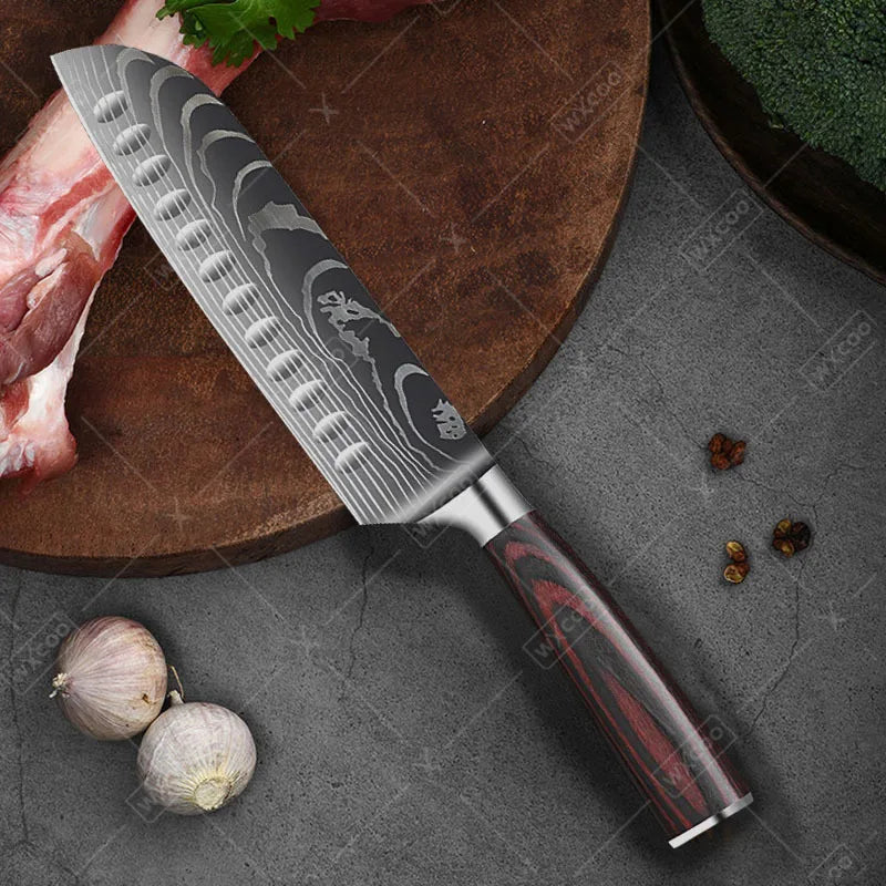 9 Pcs Kitchen Chef Knife Set High Carbon Stainless Steel Damascus Chef Knife Boning Knife Cleaver Santoku Slicer Vegetable