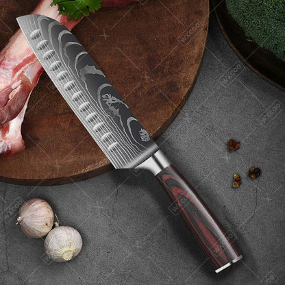 9 Pcs Kitchen Chef Knife Set High Carbon Stainless Steel Damascus Chef Knife Boning Knife Cleaver Santoku Slicer Vegetable