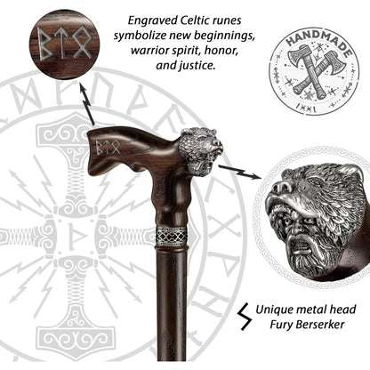Handcrafted Viking-Inspired Walking Stick for Men - Unique Wooden Canes for Men and Seniors (Berserker Style)
