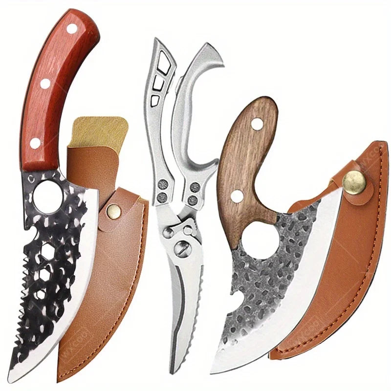 3 Pcs Professional Handmade Forged Knife Kitchen Utility Knife Cleaver Butcher Boning Chef Multipurpose Scissors Poultry Fish