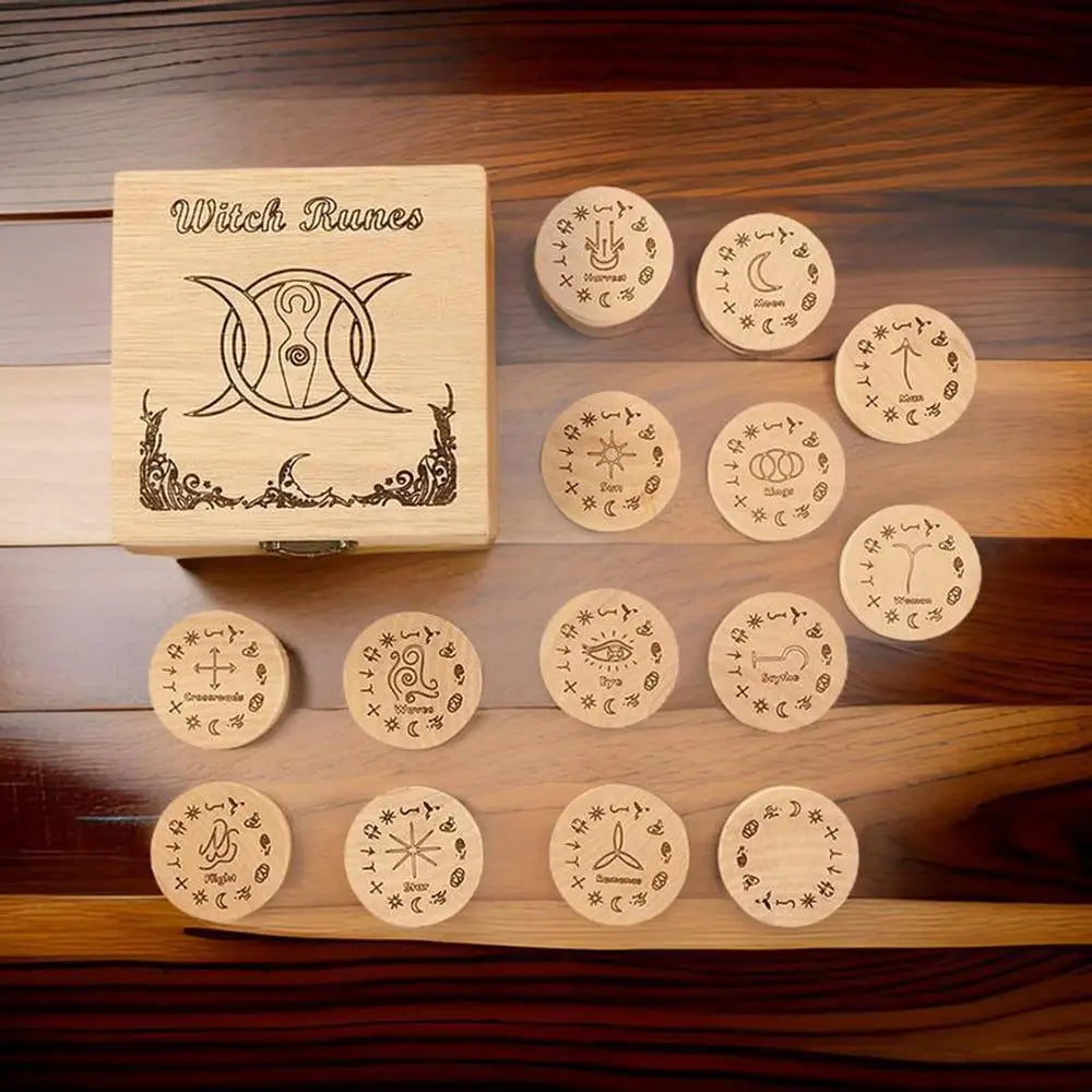 Witches Runes Set Altar Divination Tools with Storage Bag 13Pcs Wood Runes Altar Runes for Beginners Board Game