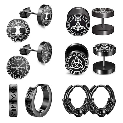 Boniskiss 6 Pairs Norse Viking Runes Hoop Earrings Stainless Steel Black Fake Plugs for Boys Men Women Piercing Ear Stud Jewelry