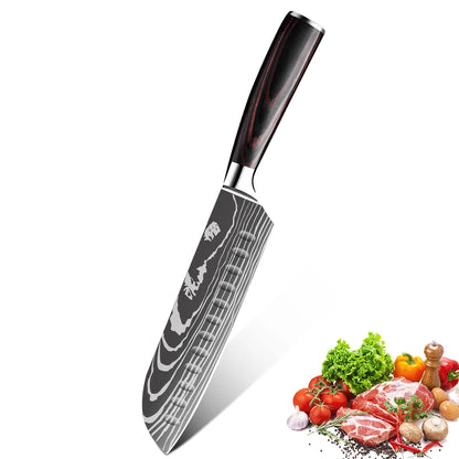 Sharp Kitchen Knife Wooden Handle Stainless Steel Meat Cleaver Kitchen Paring Knives Laser Damascus Pattern Chef  Knife