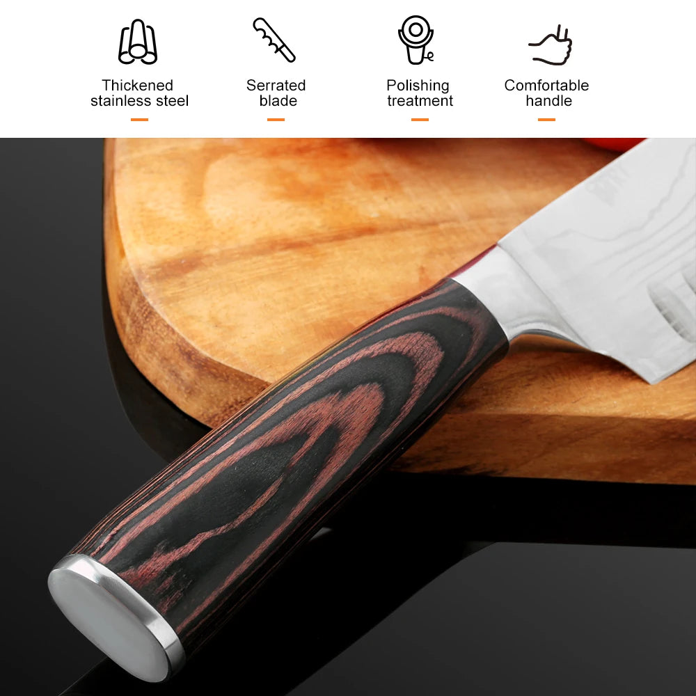 Sharp Kitchen Knife Wooden Handle Stainless Steel Meat Cleaver Kitchen Paring Knives Laser Damascus Pattern Chef  Knife