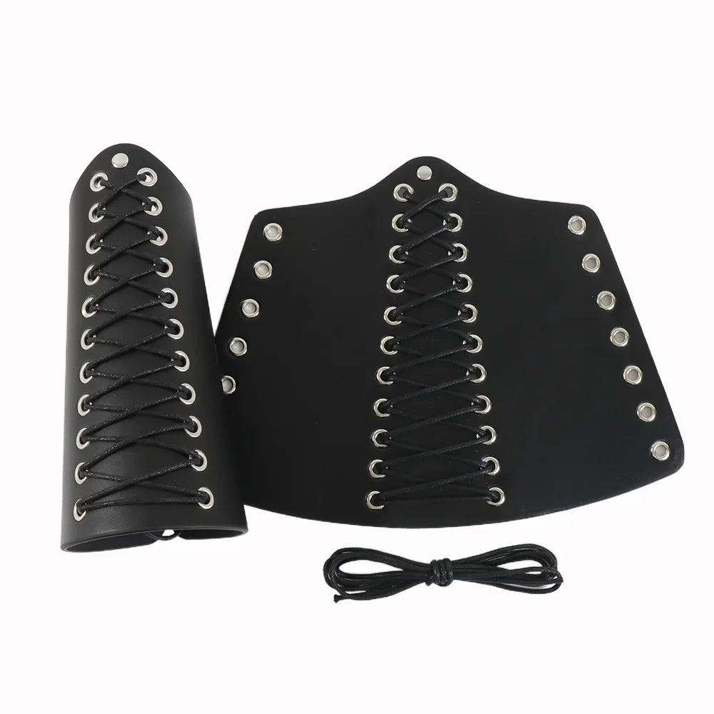 2pcs Black Lace-Up Viking Wristbands PU Leather Medieval Bracer Arm Guards For Renaissance Faire Halloween Cosplay Costume