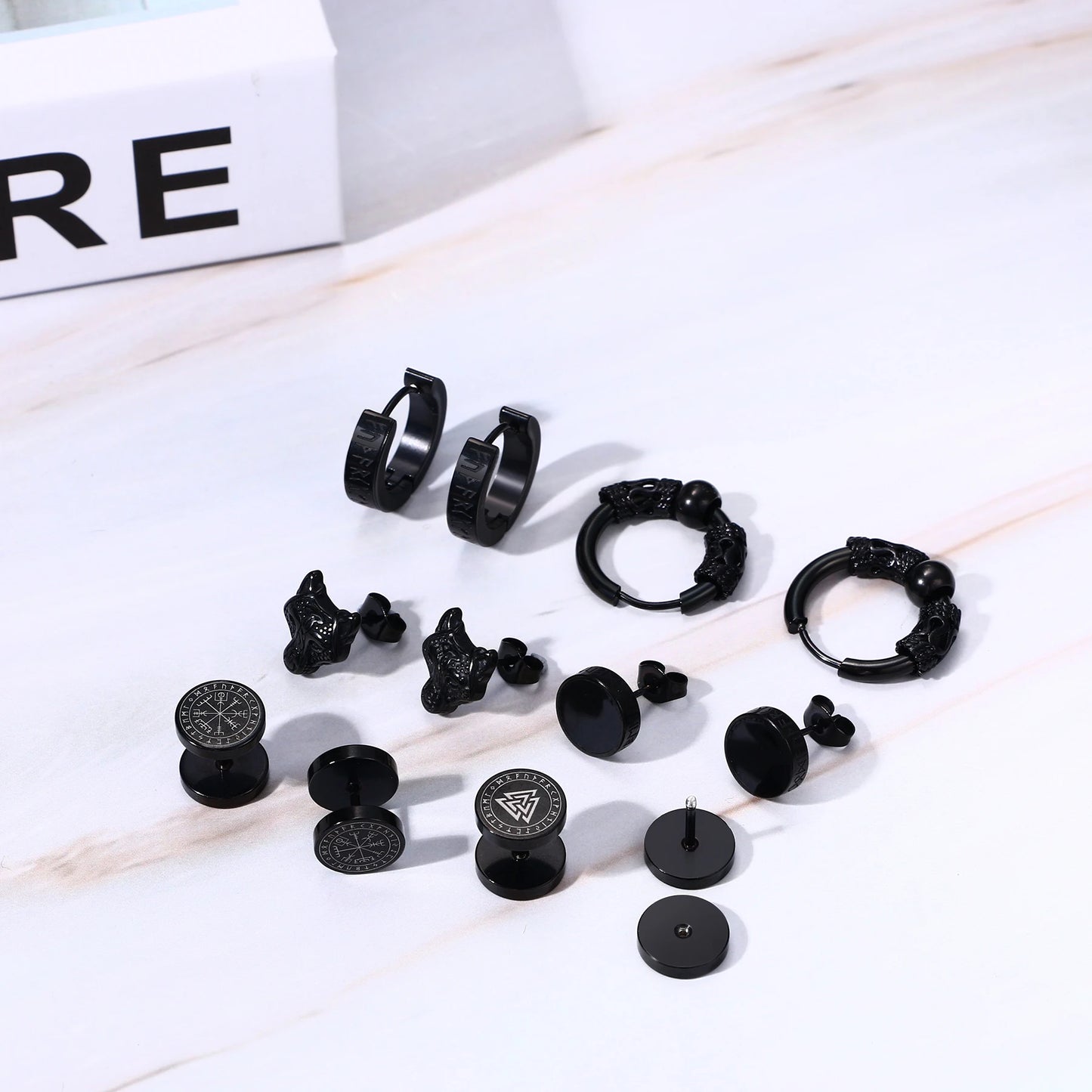 Boniskiss 6 Pairs Norse Viking Runes Hoop Earrings Stainless Steel Black Fake Plugs for Boys Men Women Piercing Ear Stud Jewelry