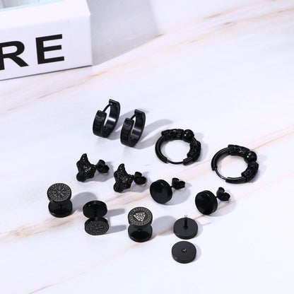 Boniskiss 6 Pairs Norse Viking Runes Hoop Earrings Stainless Steel Black Fake Plugs for Boys Men Women Piercing Ear Stud Jewelry