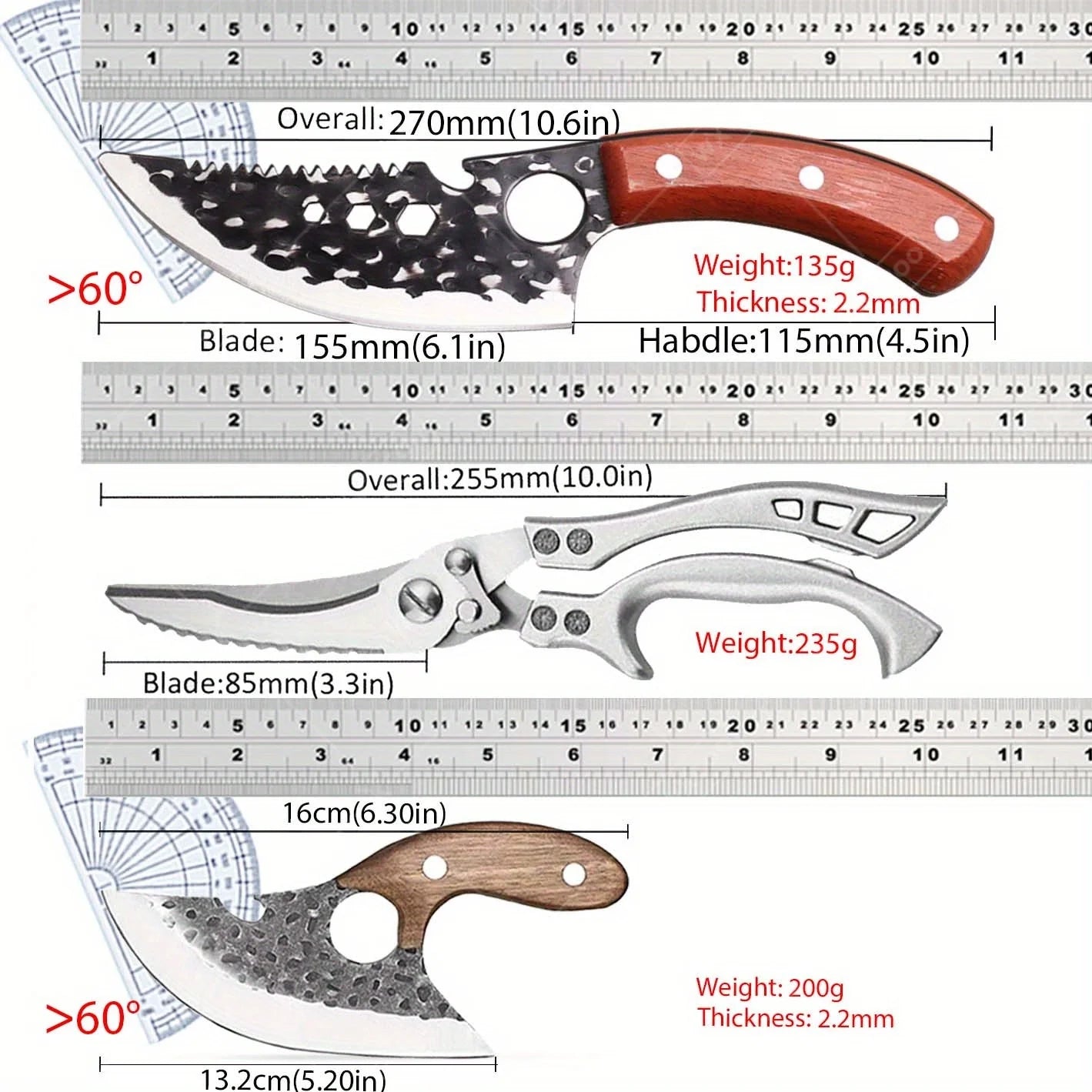 3 Pcs Professional Handmade Forged Knife Kitchen Utility Knife Cleaver Butcher Boning Chef Multipurpose Scissors Poultry Fish