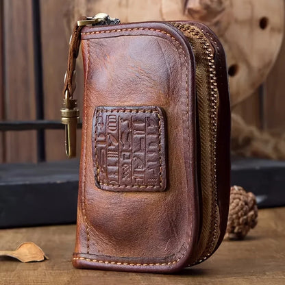 Viking Style Key Case Top Layer Cowhide Key Wallet, Large Capacity Retro Distressed Card Holder with Multi-function
