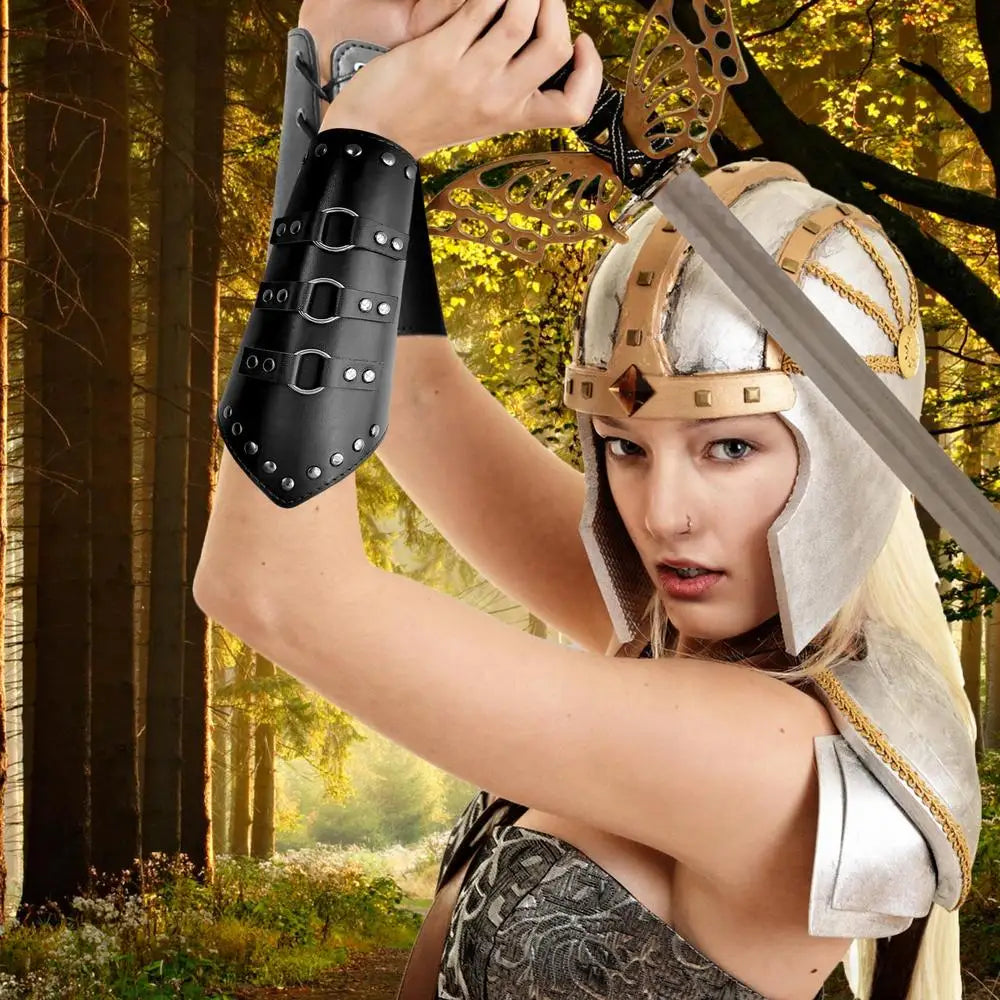 Medieval Vambrace Arm Cuff Adjustable Medieval Leather Bracers Long Style Knights Medieval Battle Arm Guard Bracers Halloween