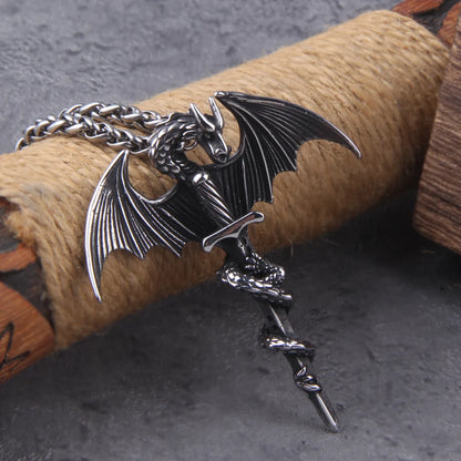 Retro Viking Pterodactyl Holy Sword Shape Pendant Necklace Men's Necklace Metal Sliding Dragon Necklace Accessorie Party Jewelry
