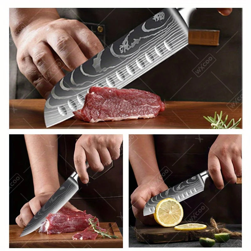 9 Pcs Kitchen Chef Knife Set High Carbon Stainless Steel Damascus Chef Knife Boning Knife Cleaver Santoku Slicer Vegetable