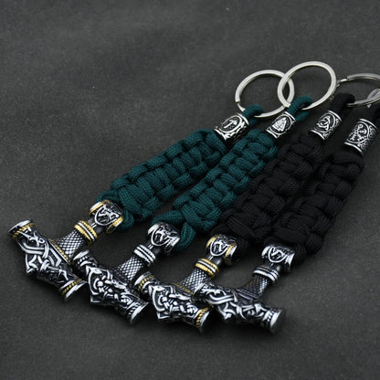 Thor's Hammer Vikings Keychain Men Charm vegvisir Rune Braided Lanyard Stainless Steel Keyring Valknut Rune Handmade Retro Jewel