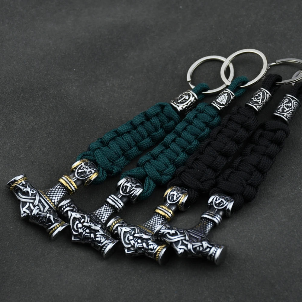 Thor's Hammer Vikings Keychain Men Charm vegvisir Rune Braided Lanyard Stainless Steel Keyring Valknut Rune Jewelry