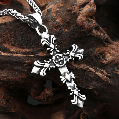 Gothic Vintage Stainless Steel Cross Pendant Necklaces For Men Women Cross Flower Necklace Party Jewelry