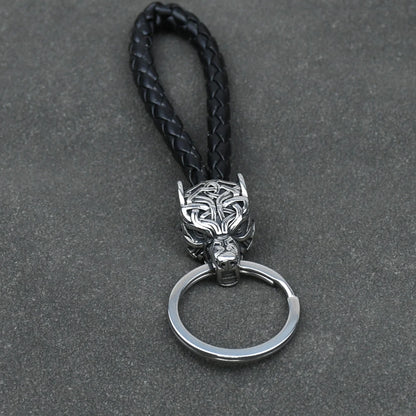 Wolf Head Keychains Vikings Pendant Stainless Steel wolf Keyring Male Black leather Key Ring