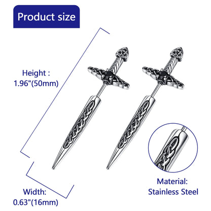BONISKISS Men's and Women's Sword Earrings Gothic Dagger Earrings Stainless Steel Viking Zircon Tip Piercing Ring Jewelry Gift