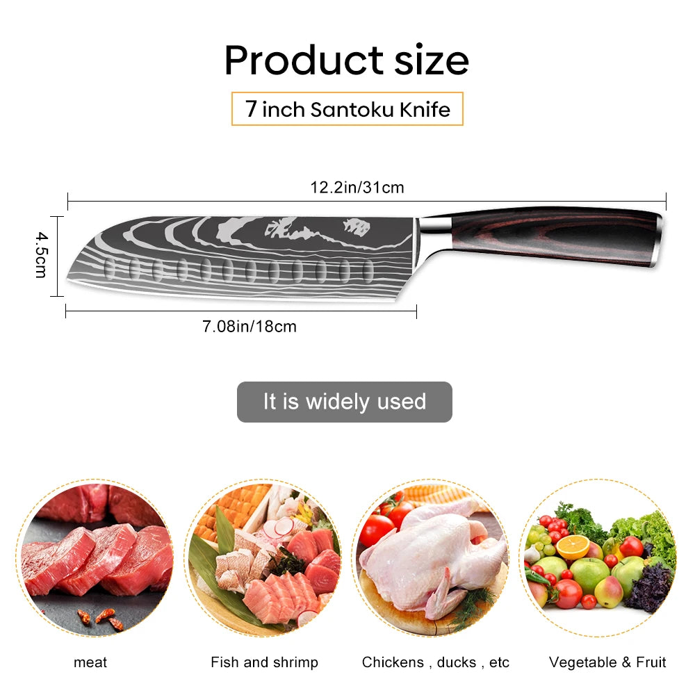 Sharp Kitchen Knife Wooden Handle Stainless Steel Meat Cleaver Kitchen Paring Knives Laser Damascus Pattern Chef  Knife