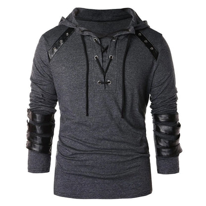 Leather Patchwork Drawstring Hooded Men's Tees Tops Long Sleeve V Neck Lace Up Blouses Vintage Medieval Plus Size Loose Clothing