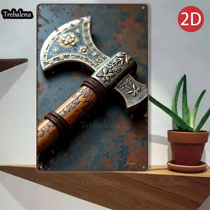 1PC 2D Flat 8*12inch Metal Sign Vintage Viking Axe Rustic Metal Wall Art Decor