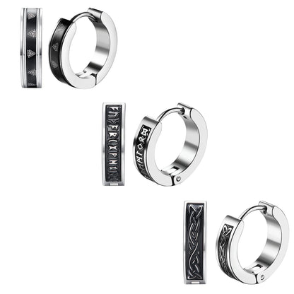 BONISKISS Men's Viking Rune Embrace Earrings Stainless Steel Three Pair Hoop Earrings Pendientes Geometric Loop  Jewelry Gifts