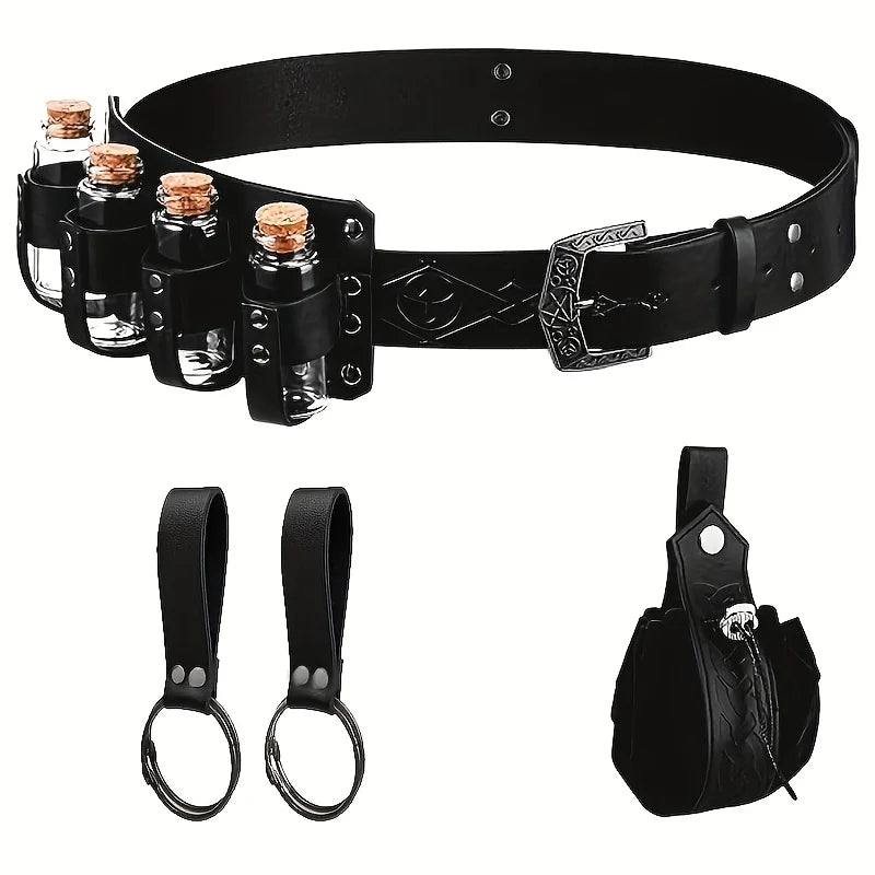 5-Piece Medieval Viking Artificial Leather Belt Set with Potion Bottle, Fashionable Scandinavian Portable Coin Purse, Skirt Mountaineering Waist Bag Accessories, Suitable for Thanksgiving, Christmas, Halloween Holiday Clothin