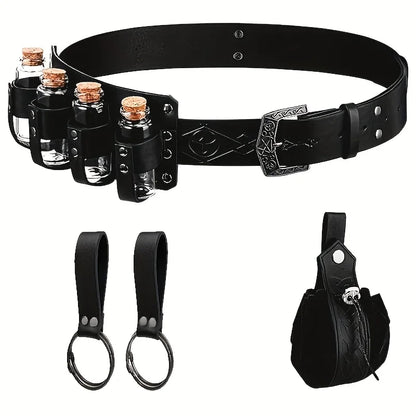 5-Piece Medieval Viking Artificial Leather Belt Set with Potion Bottle, Fashionable Scandinavian Portable Coin Purse, Skirt Mountaineering Waist Bag Accessories, Suitable for Thanksgiving, Christmas, Halloween Holiday Clothin