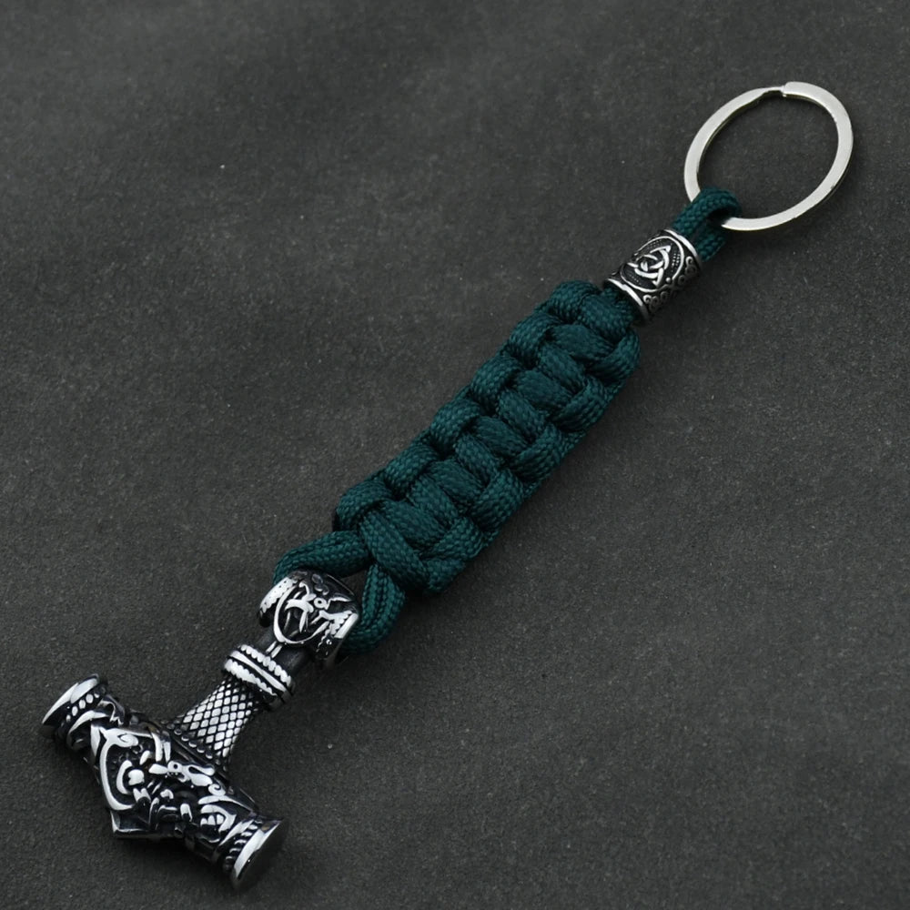 Thor's Hammer Vikings Keychain Men Charm vegvisir Rune Braided Lanyard Stainless Steel Keyring Valknut Rune Handmade Retro Jewel