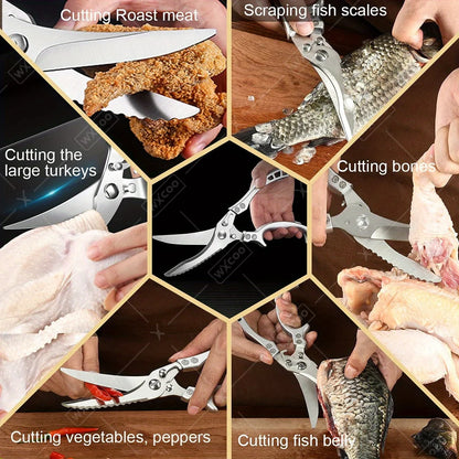2pcS Kitchen Knife Stainless Steel Handmade Boning Cleaver Butcher Scissors Vegetable Fruit Bone Knife