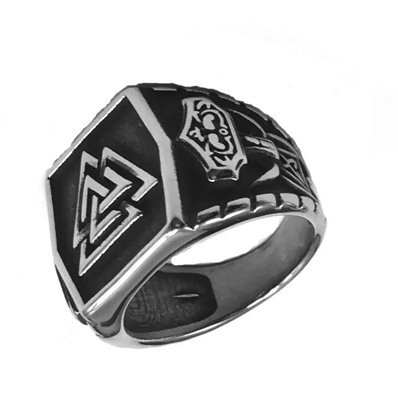 Nordic viking rune valknut thor hammer Mjolnir Ring stainless steel amulet ring