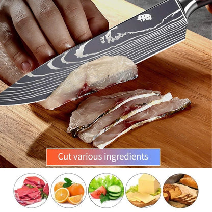 Sharp Kitchen Knife Wooden Handle Stainless Steel Meat Cleaver Kitchen Paring Knives Laser Damascus Pattern Chef  Knife
