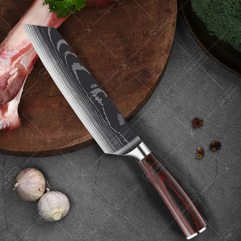 Stainless Steel Kitchen Knife Utility Knife With Painted Wood Handle 1pc Kitchen Meat Cleaver Damascus Pattern Cutting Knife