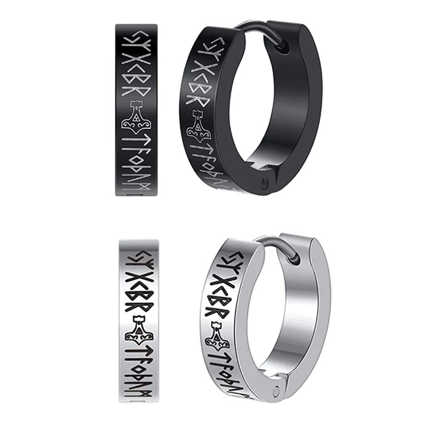 BONISKISS 2 Pairs Norse Viking Earrings Stainless Steel Nordic Elder Futhark Runes Hoop Huggie Hinged Fake Stud Men Women Unisex