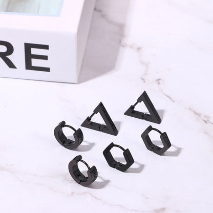 BONISKISS Men's Viking Rune Embrace Earrings Stainless Steel Three Pair Hoop Earrings Pendientes Geometric Loop  Jewelry Gifts