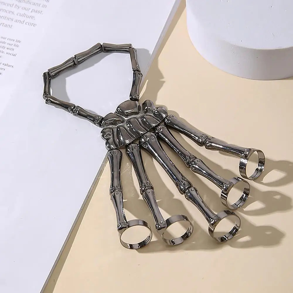 Creative Punk Skeleton Hand Bone Versatile Five Finger Ring Bracelet Adjustable One Chain Bracelet Halloween Bracelet Unisex