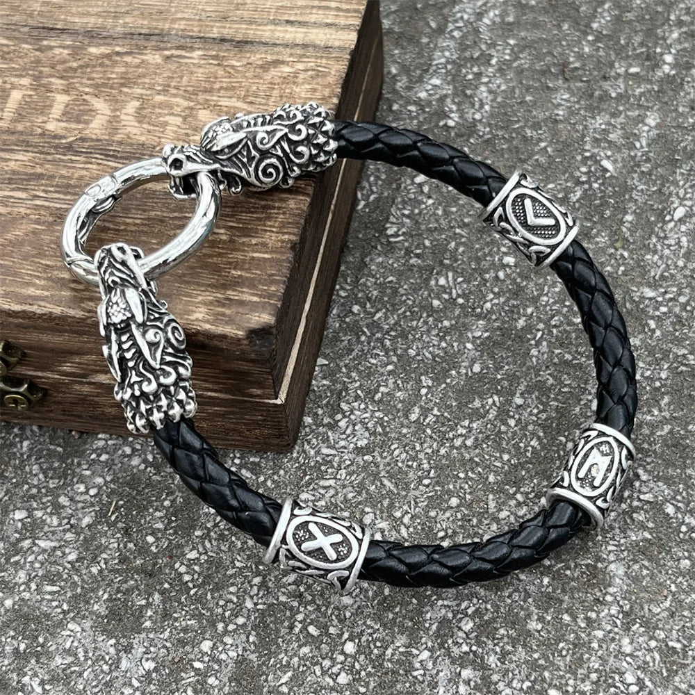 Viking Dragon Heads Nordic Runes Beads Leather Bracelet