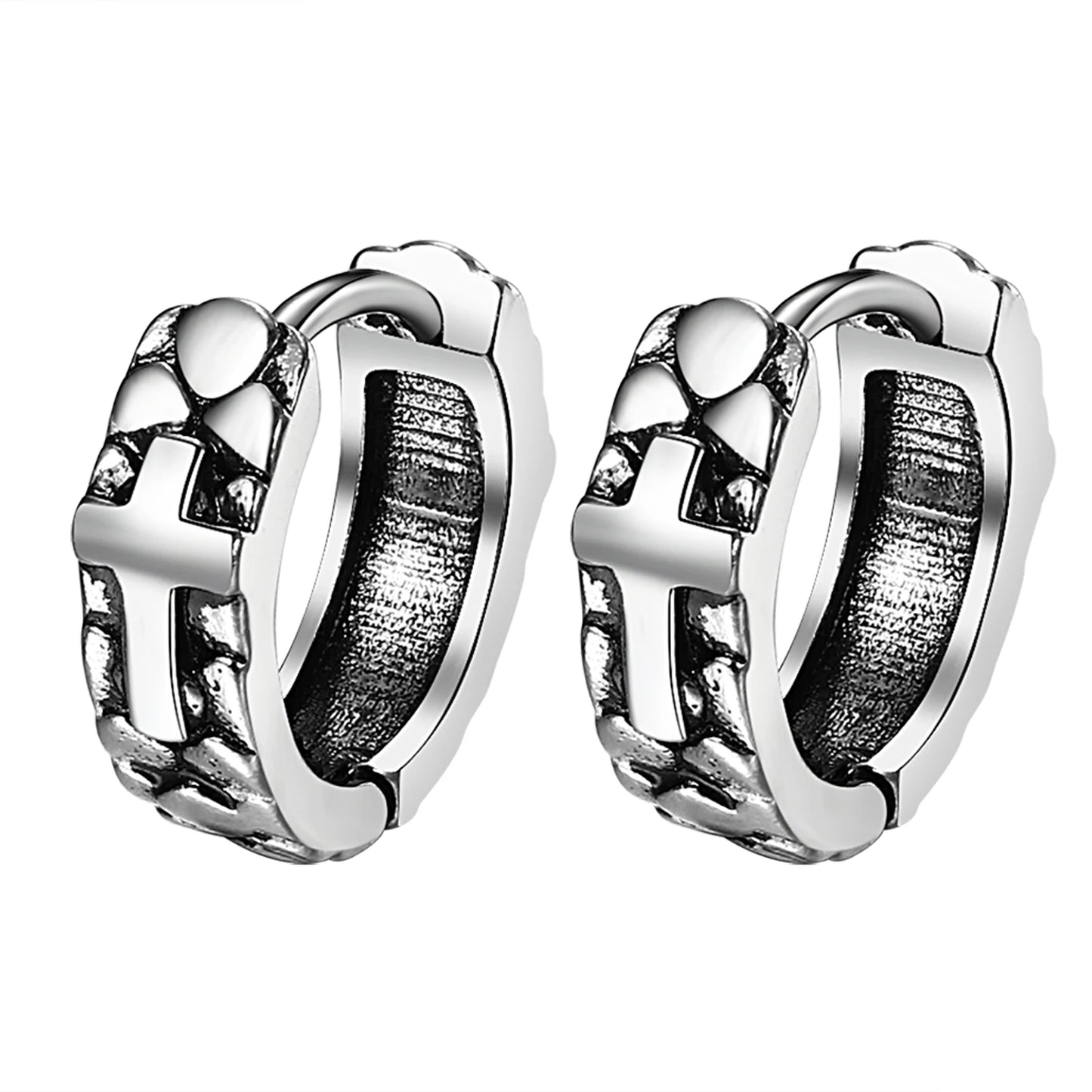 BONISKISS Cross Hollow Chain Stainless Steel Earrings Hoop Huggie Hinged Viking Runes Retro Gothic Ear Stud Men Women Unisex